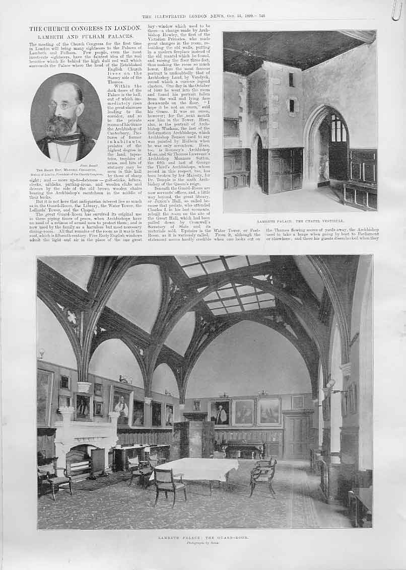 Original Old Antique Print Lambeth & Fullham Palaces 1899 Church Congress 19th