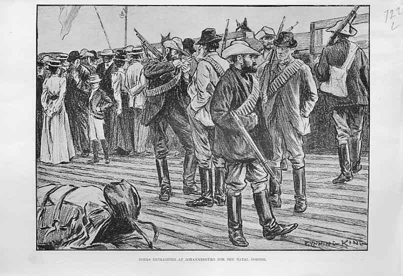 Original Old Antique Print Boers Entraining At Johannesburg For Natal 1899 19th