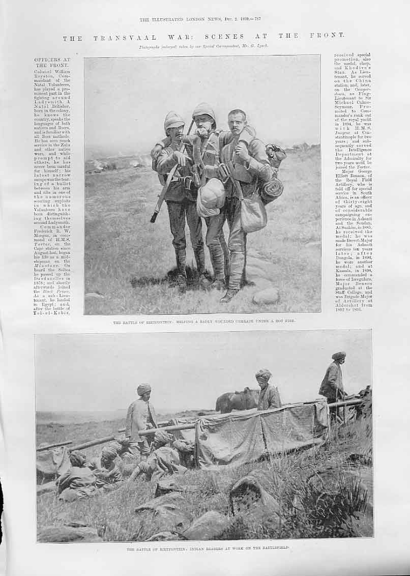 Original Old Antique Print Battle Rietfontein 1899 Indian Bearers Boer War 19th