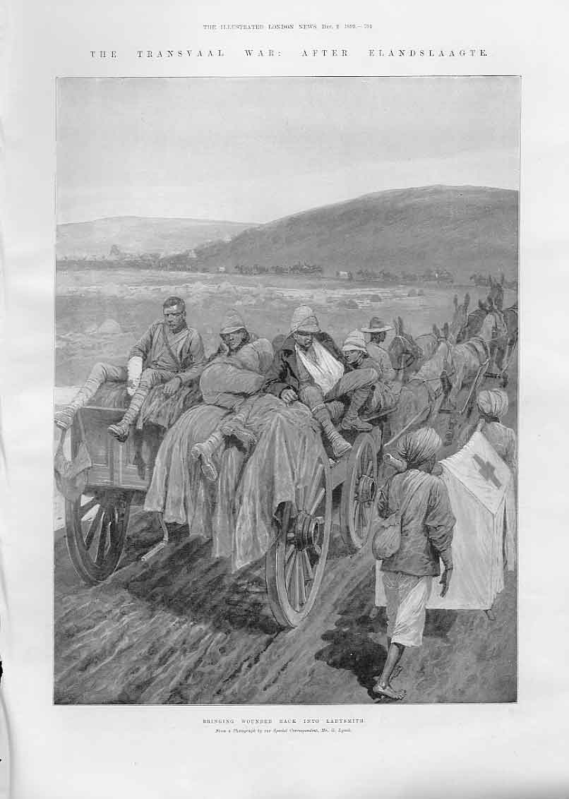 Original Old Antique Print Bringing Wounded Back To Ladysmith Boer W