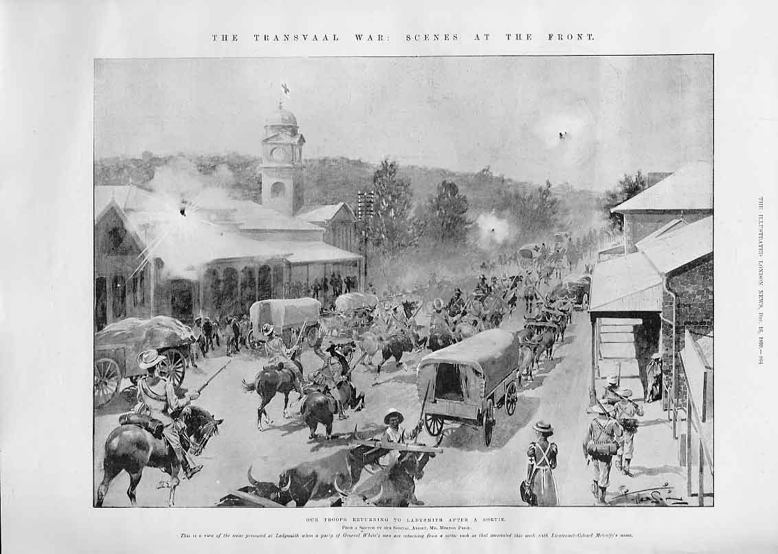 Original Old Antique Print Main Street Ladysmith 1899 Troops 19th