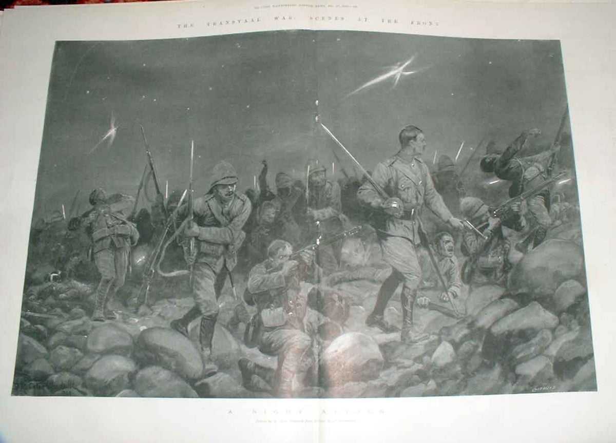 Original Old Antique Print Night Attack Transvaal War 1899 Africa Victorian