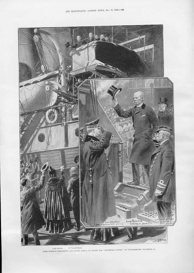 Original Old Antique Print Lord Roberts On Dunottar Castle For S Africa 1899