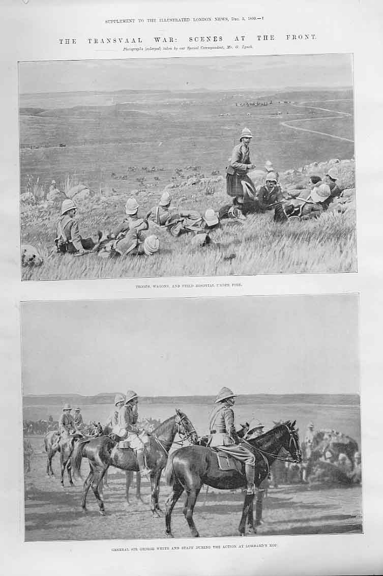 Original Old Antique Print Troops Wagons & Field Hospital Under Fire Boer War