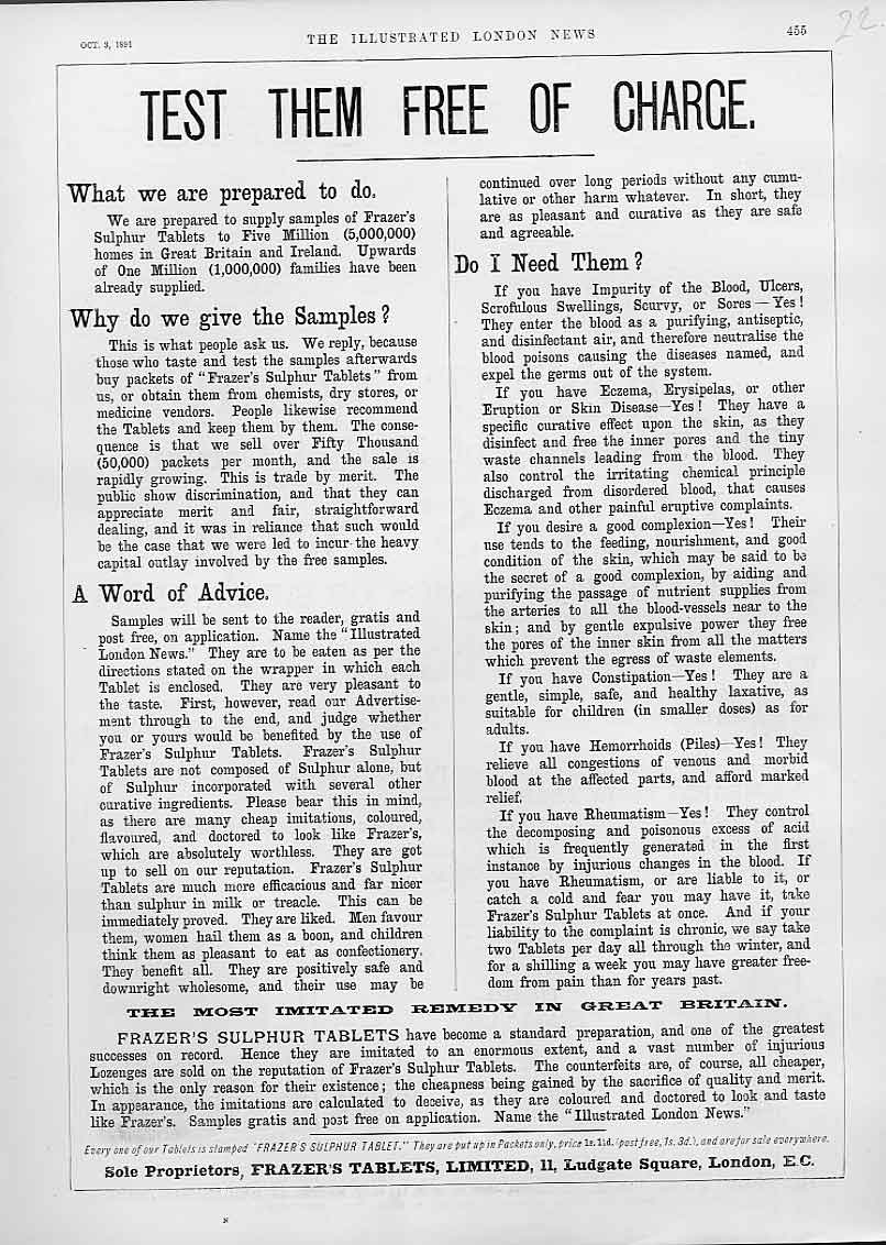 Original Old Antique Print Frazer Tablets Free Charge Advertisment 1891 19th