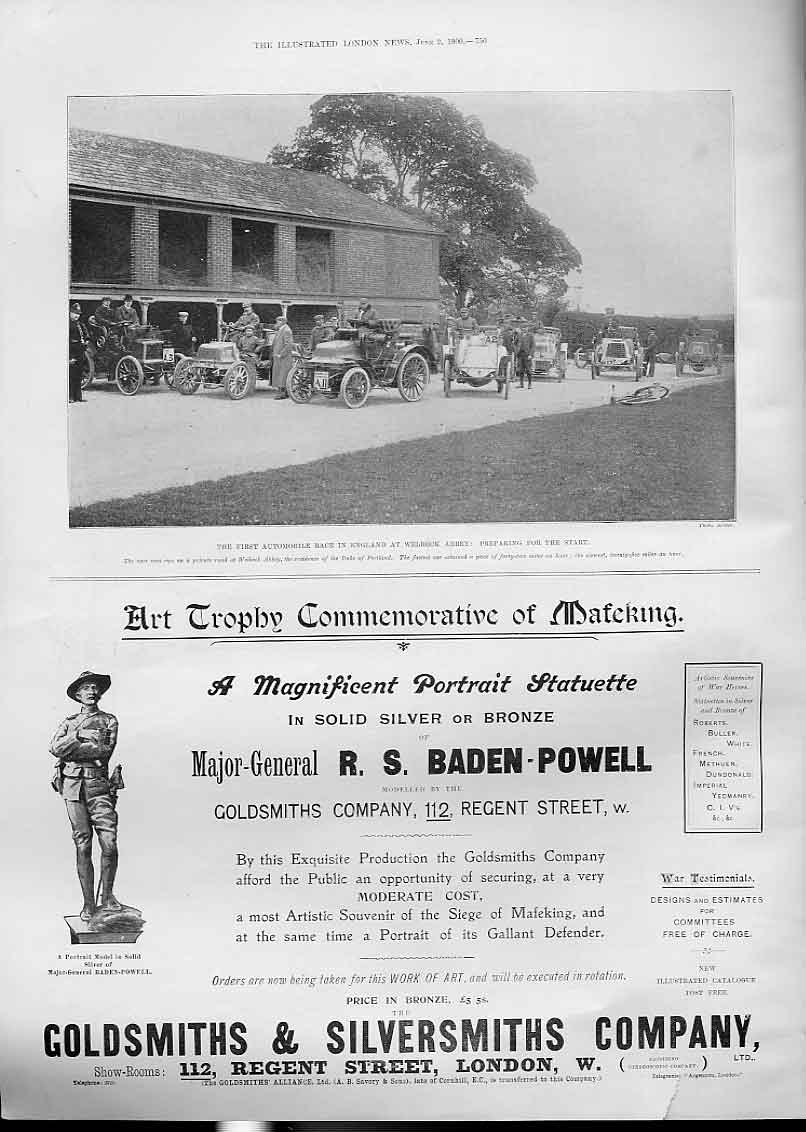 Original Old Antique Print Hotel Russell Advertisment 1900 Motor Race Victorian