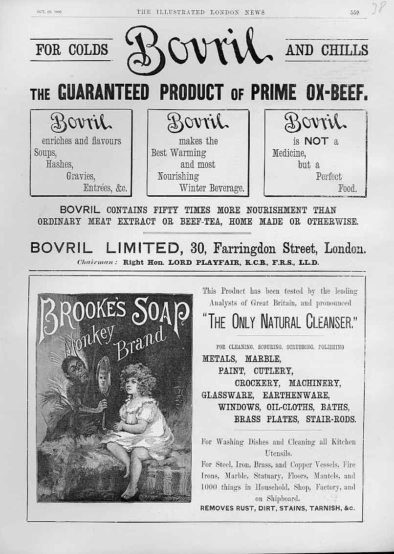 Original Old Antique Print Bovril Advertisment & Brookes Monkey Brand Soap
