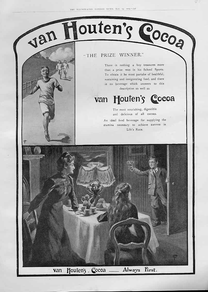Original Old Antique Print Van Houtens Cocoa Advertisment Always First