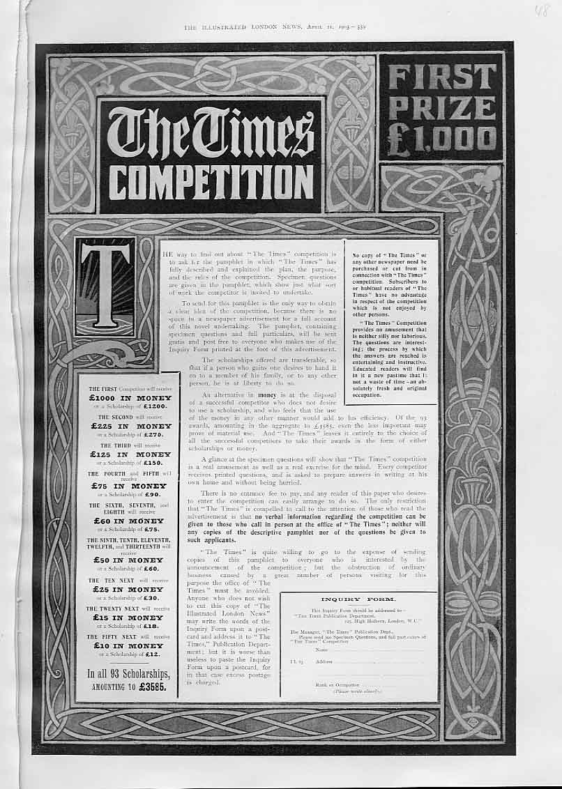 Original Old Antique Print 1903 Times Competetion Advertisment Win . ÔøΩ1000 20th