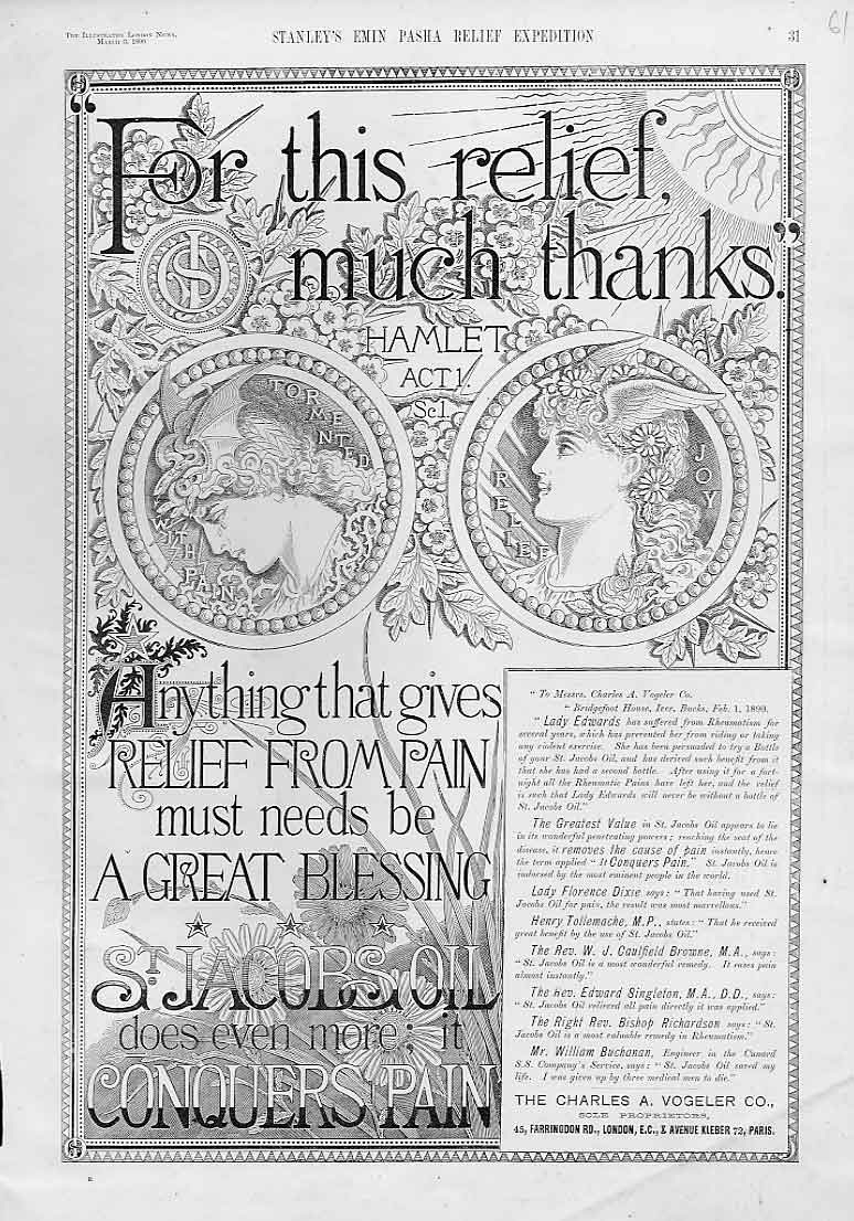 Original Old Antique Print St Jacobs Oil Advertisment Rheumatism Relief