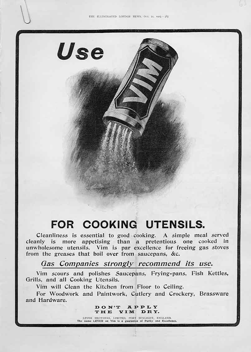 Original Old Antique Print Vim For Cooking Utensils Advertisment Lever Bro