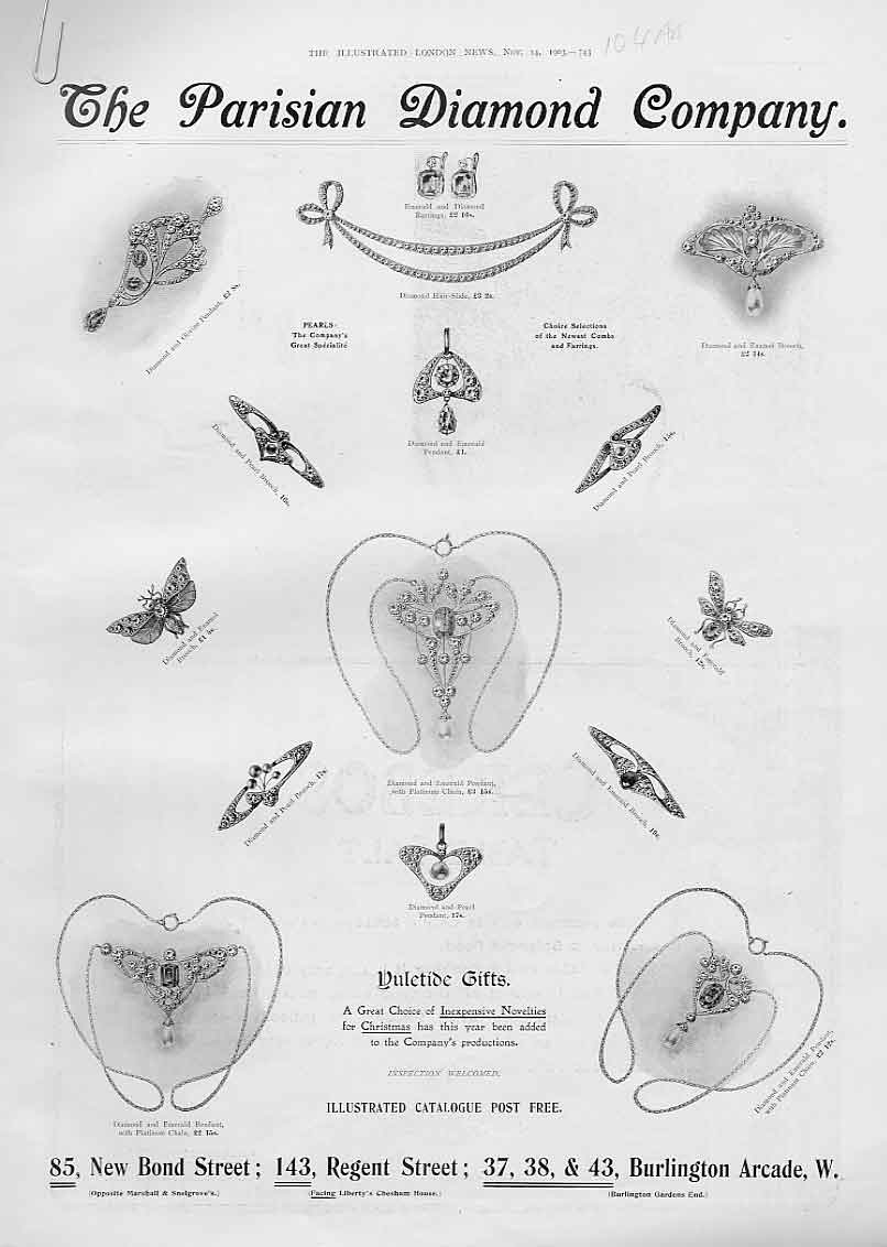 Original Old Antique Print Pearls Parisan Diamond Co Burlington Arcade *6