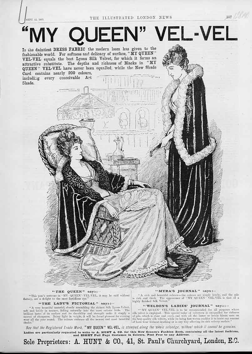 Original Old Antique Print Queen Vel Vel For Dress Fabric Advertisment 189 19th