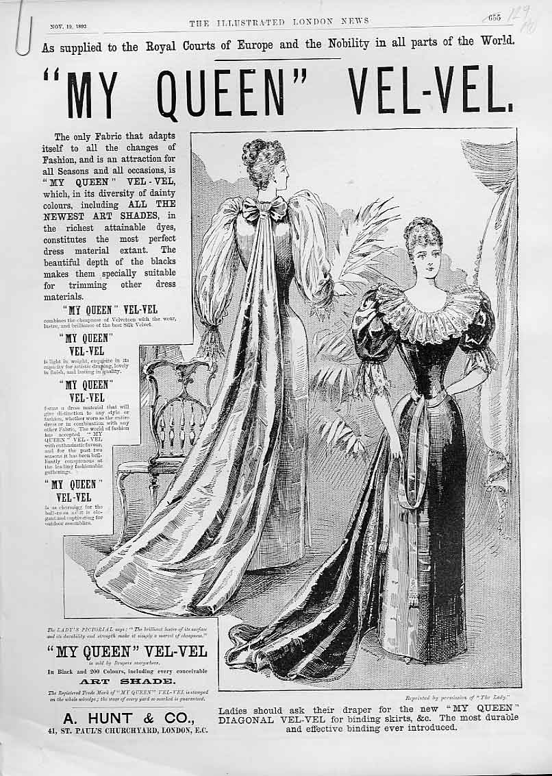Original Old Antique Print My Queen Velvet Advertisment For Nobility 1892 19th
