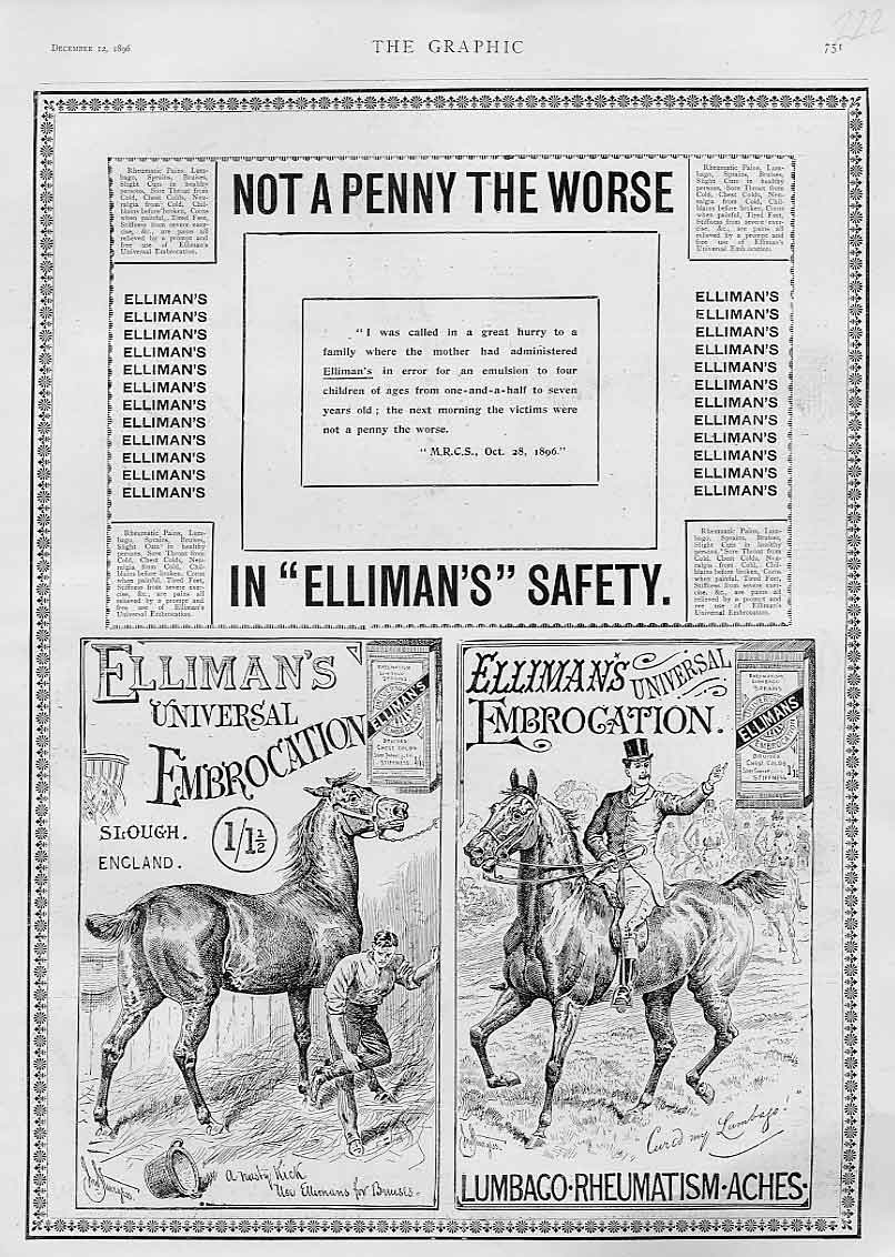 Old Antique Print Not A Penny Worse Advertisment Ellimans Embrocation 189 19th