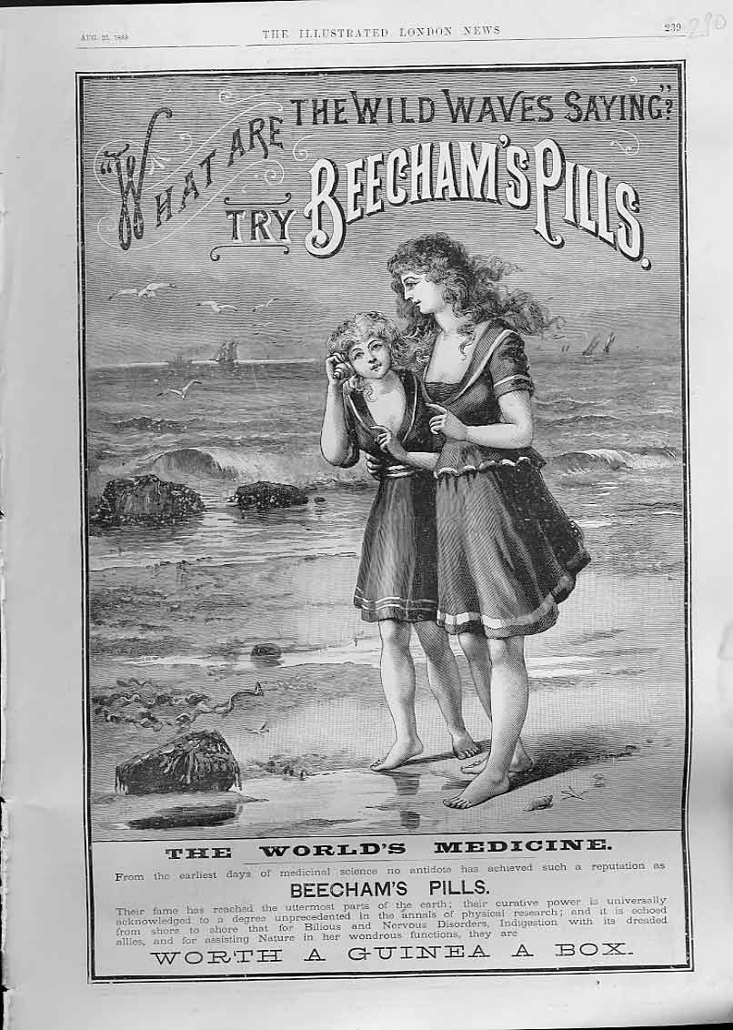 Original Old Antique Print Wild Waves Say Beechams Pills Advertisment 1888 19th