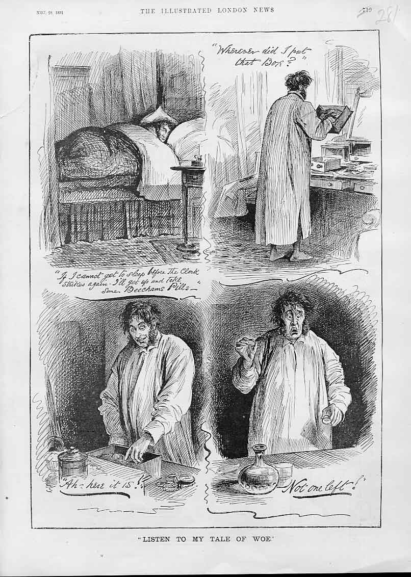 Original Old Antique Print Nightmare Cant Sleep No Beechams Advertisment