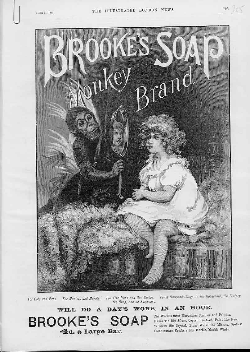 Original Old Antique Print In The Looking Glass Advertisment Monkey Brand Soap