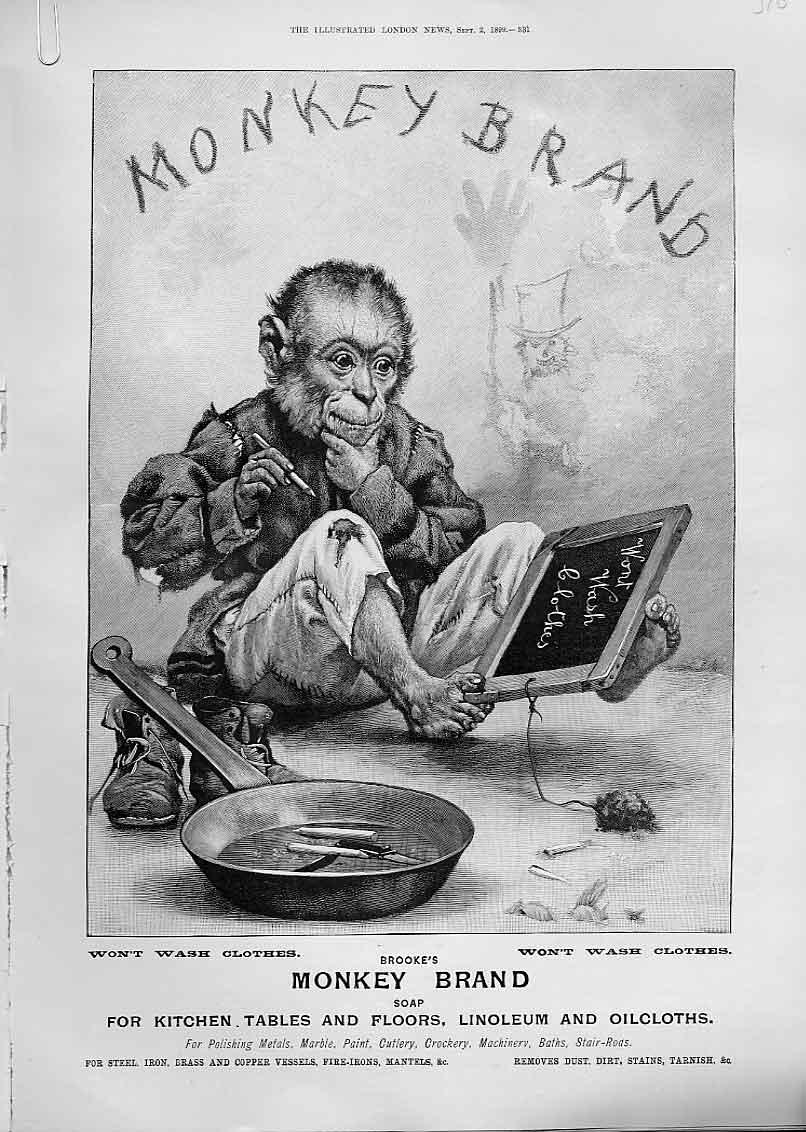 Old Antique Print Monkey Brand Soap Blackboard & Chalk 1899 Advertisment 19th
