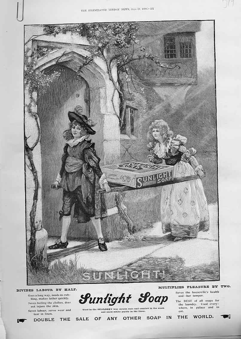 Original Old Antique Print Sunlight Soap Devides Labour Advertisment 1899 19th