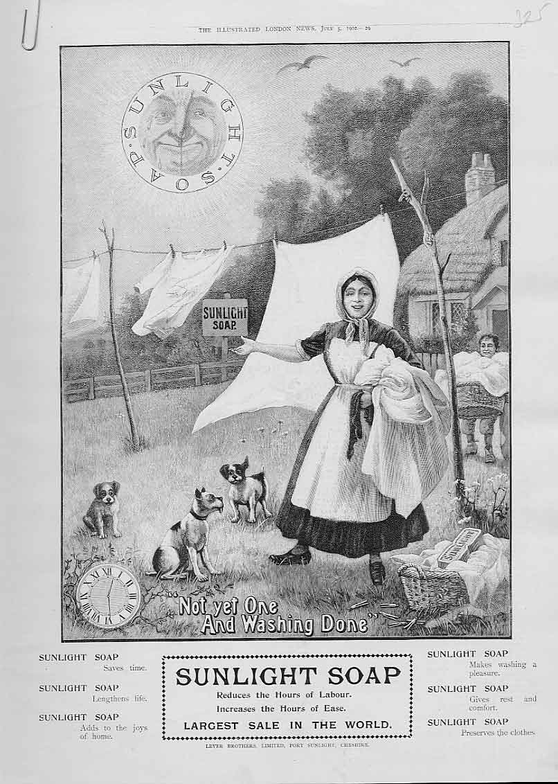 Original Old Antique Print Washing Done Advertisment Sunlight Soap 1902 20th
