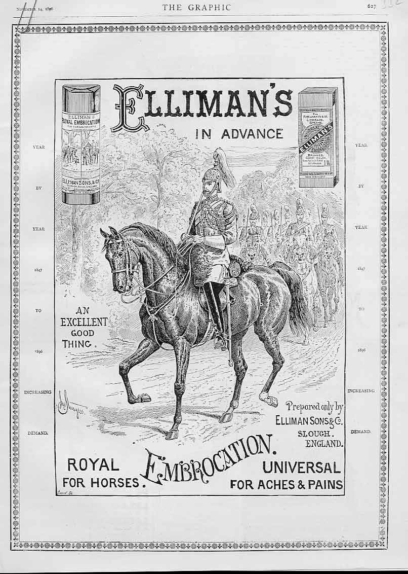 Original Old Antique Print Tent Pegging Advertisment Ellimans 1896 Victorian