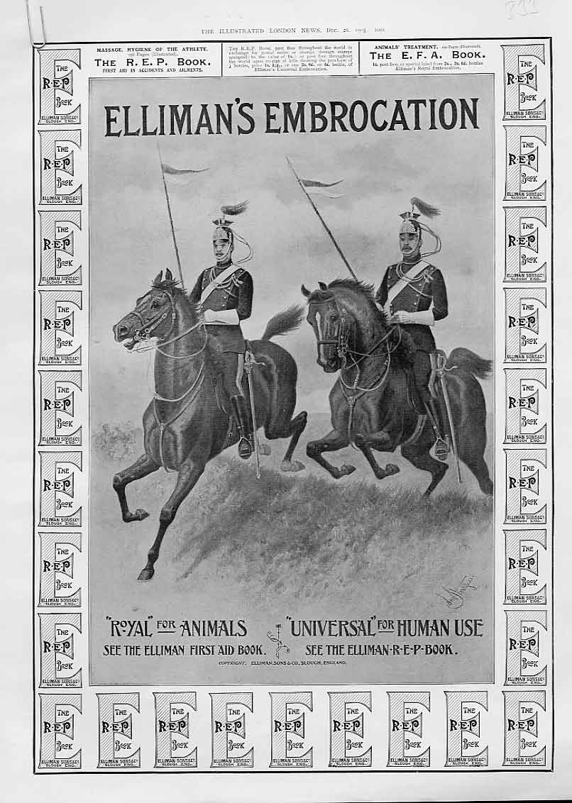 Original Old Antique Print Cavalry Charge Advertisment Ellimans 1903 20th