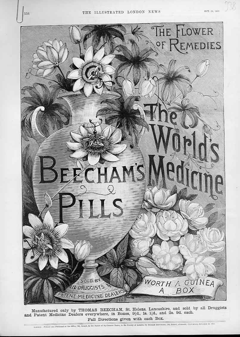 Original Old Antique Print Flower Remedies Advertisment Beecham Pills