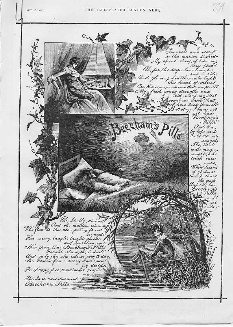 Original Old Antique Print Dreams Beecham Pills Advertisment 1888 19th