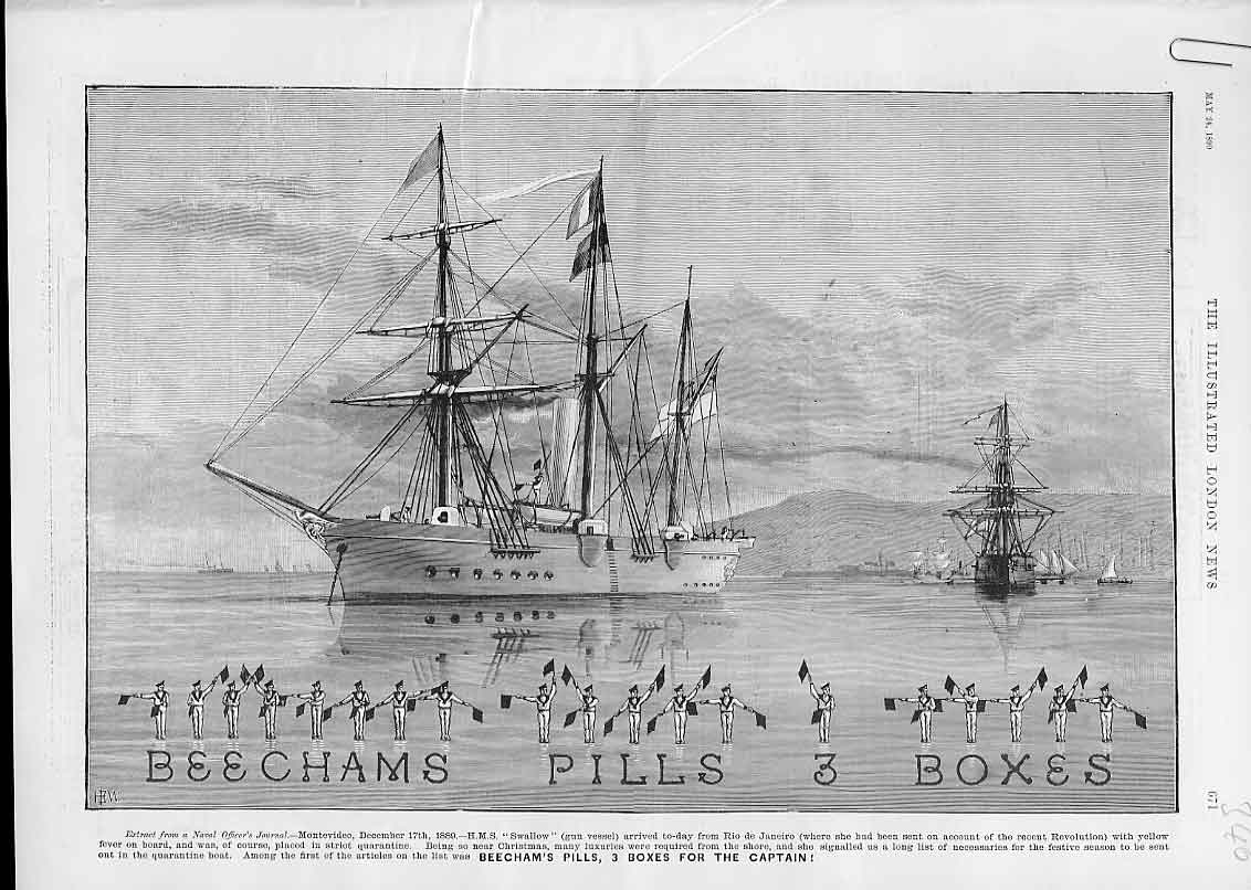 Original Old Antique Print Beecham'S Ships Advertisment 1890 19th