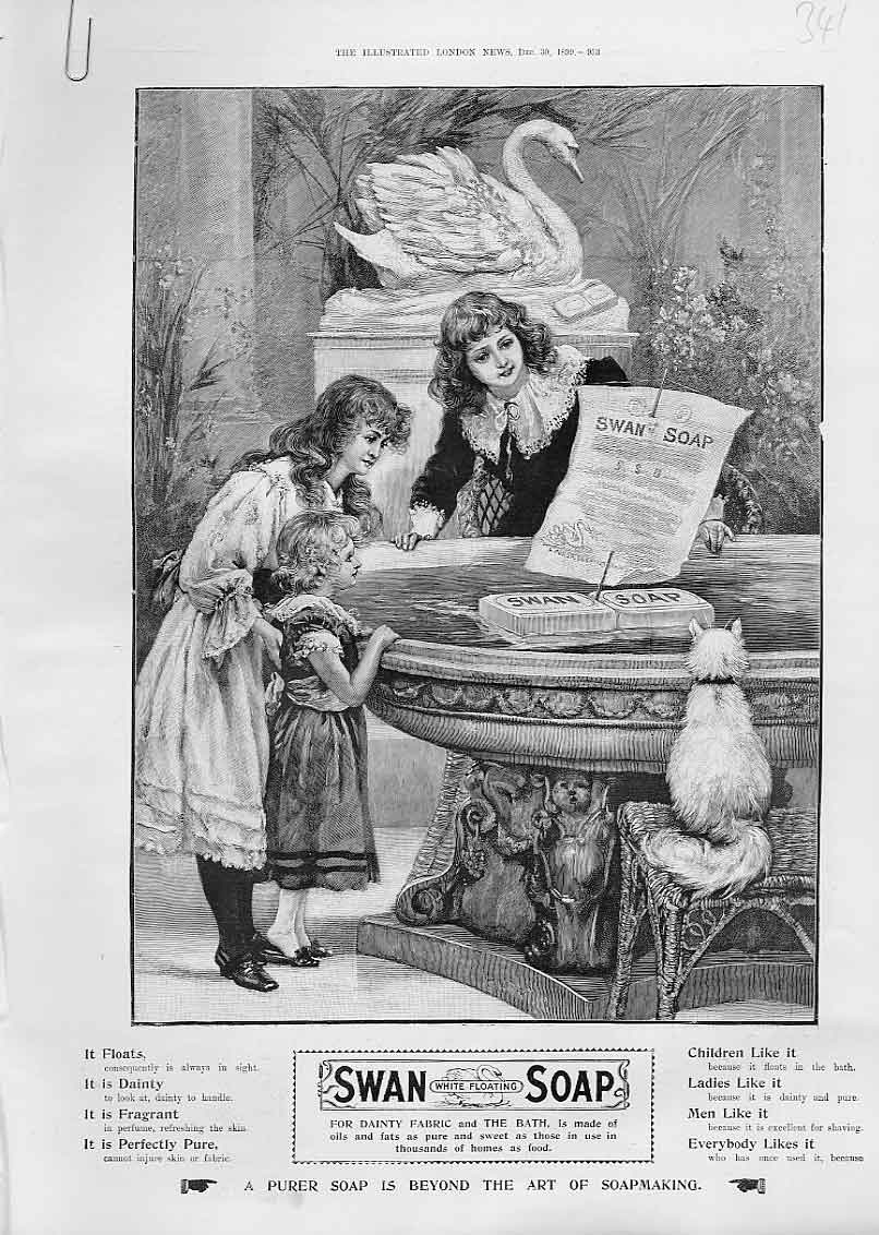 Original Old Antique Print Wishing Fountain Advertisment Swan Soap 1899 19th