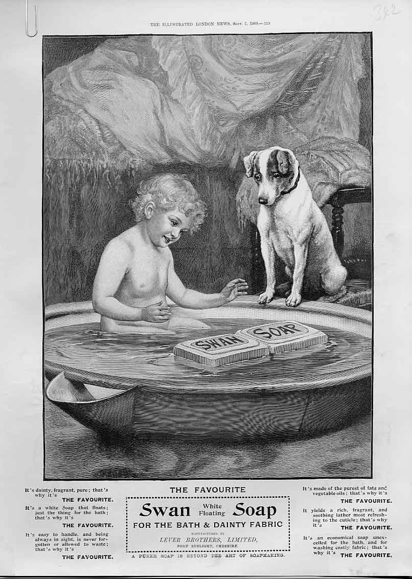 Original Old Antique Print Swan Soap Advertisment Boy With Puppy Dog 1900 20th