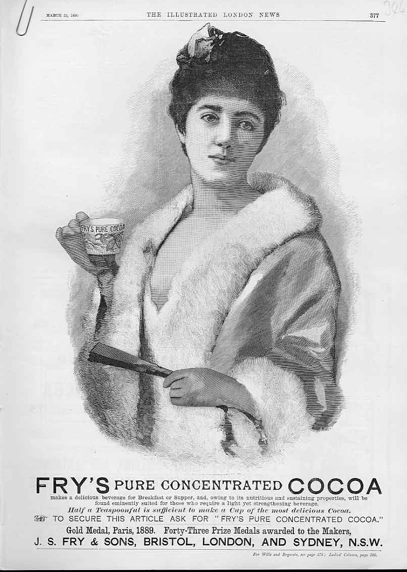 Original Old Antique Print Fry'S Pure Concentrated Cocoa Advertisment1890 19th