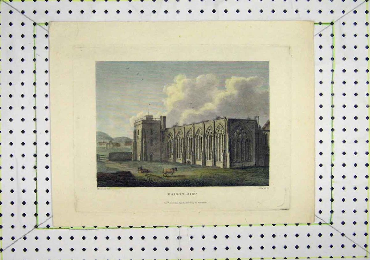 Original Old Antique Print 1801 Colour Maison Dieu Church Ruins Country 19th