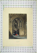 Original Old Antique Print Colour Oratory Christchurch Woman Steps Saddler