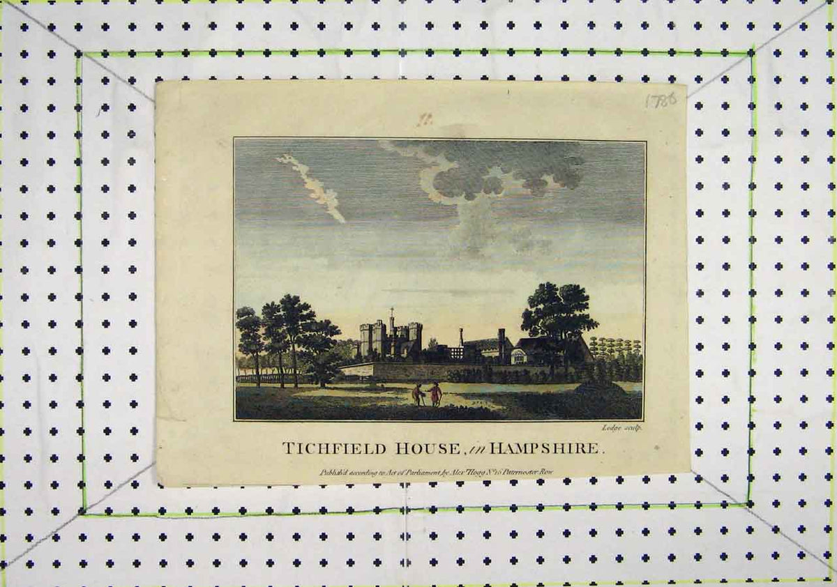 Original Old Antique Print 1786 Colour Tichfield House Hampshire Lodge 18th