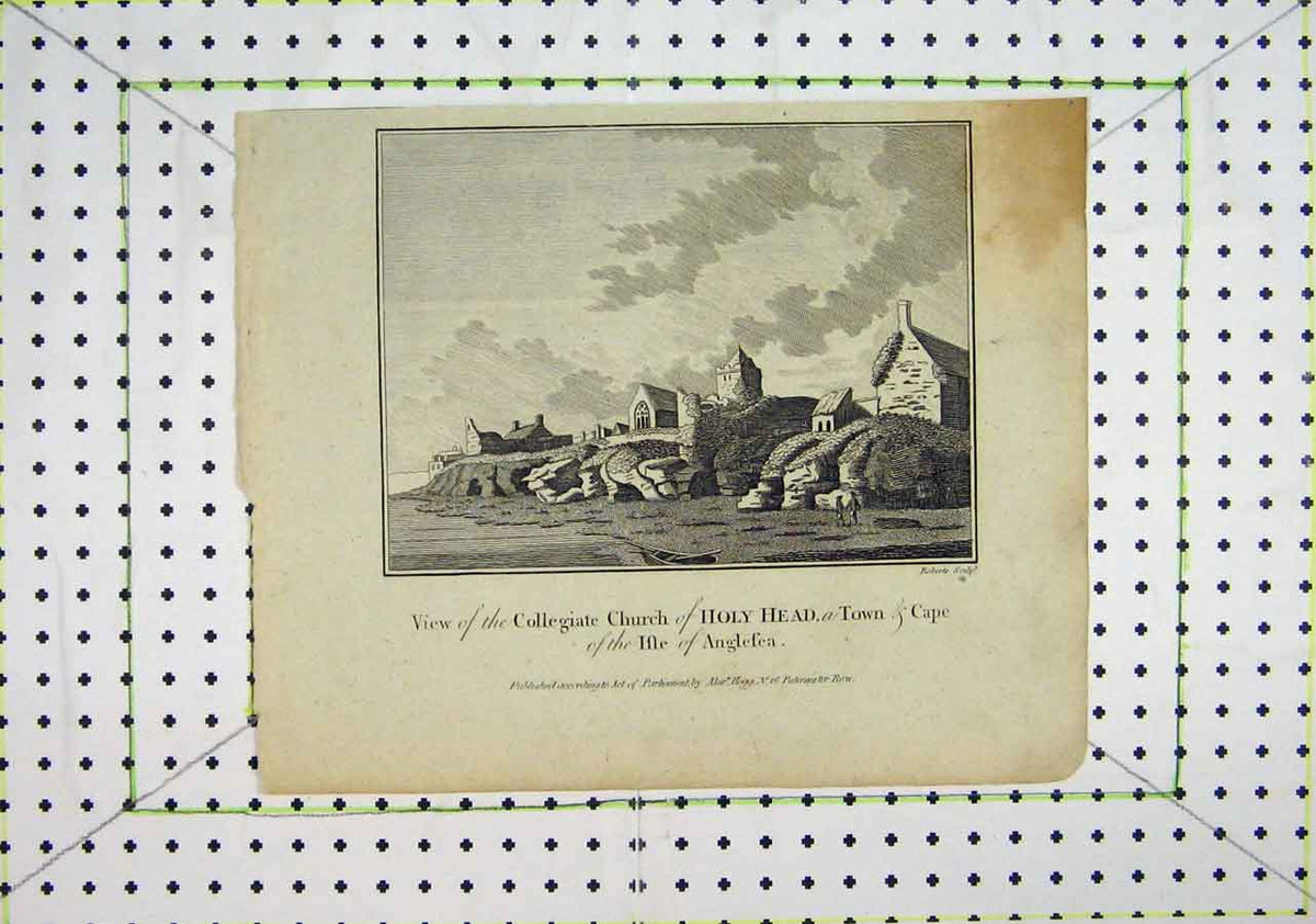 Original Old Antique Print View Collegiate Church Holy Head Town Isle Anglesea