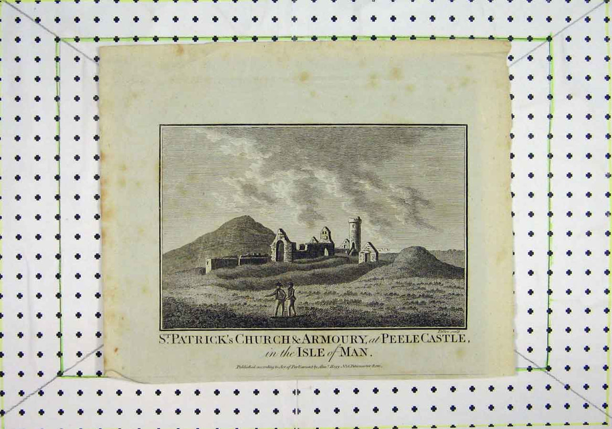Old Antique Print St Patricks Church Armoury Peele Castle Isle Man Peltro