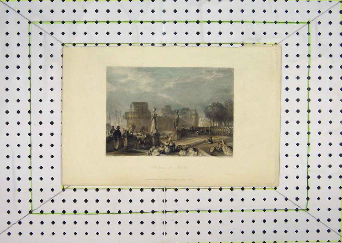 Original Old Antique Print Colour Chateau De Nantes Statue Engraving Miller