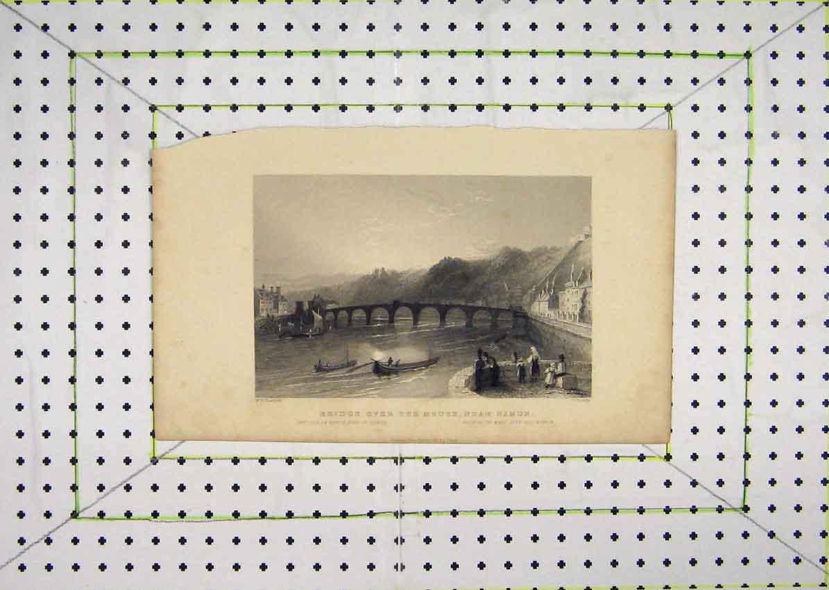 Original Old Antique Print View Bridge River Meuse Near Namur Boats Grundy