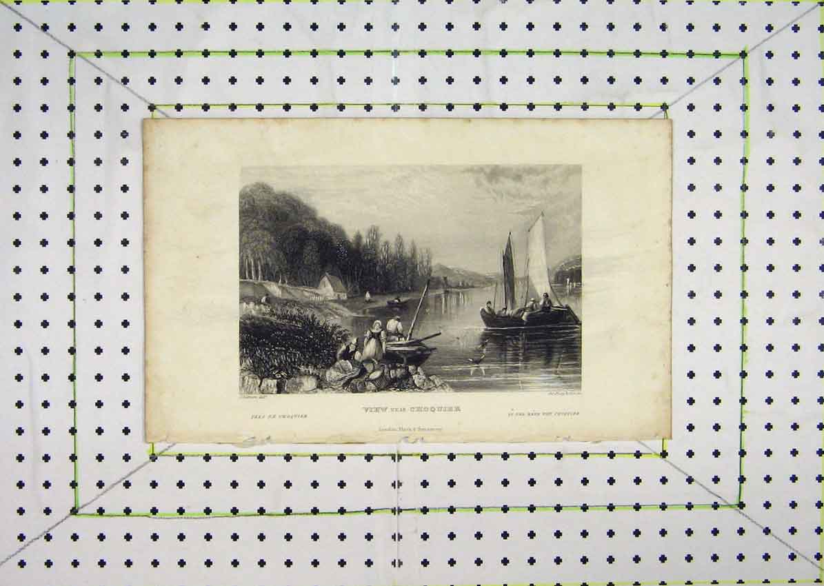Original Old Antique Print View Near Choquier Sailing Boat Fishing River Shury