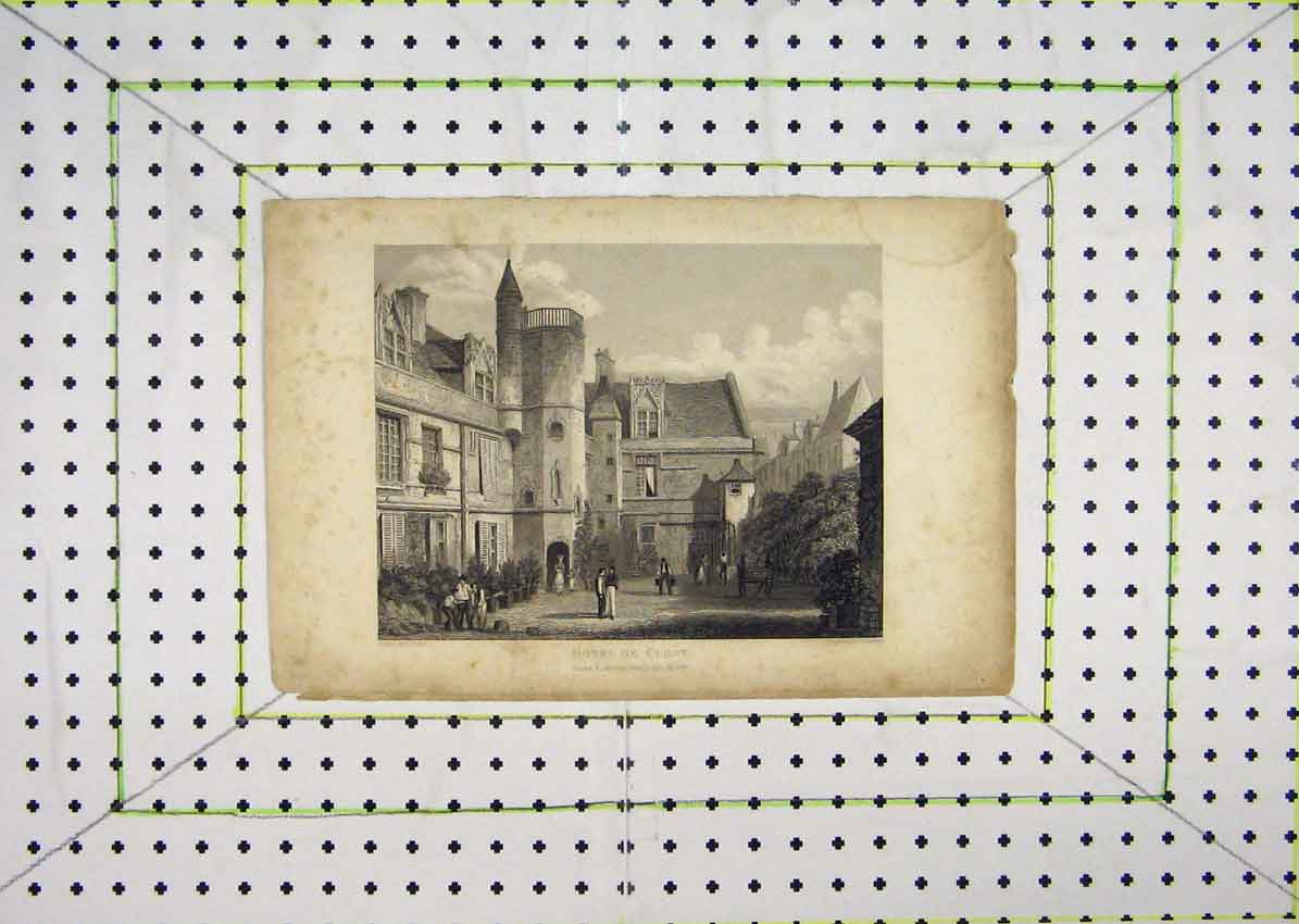 Original Old Antique Print 1828 View Hotel De Cluny Court Yard 19th Century
