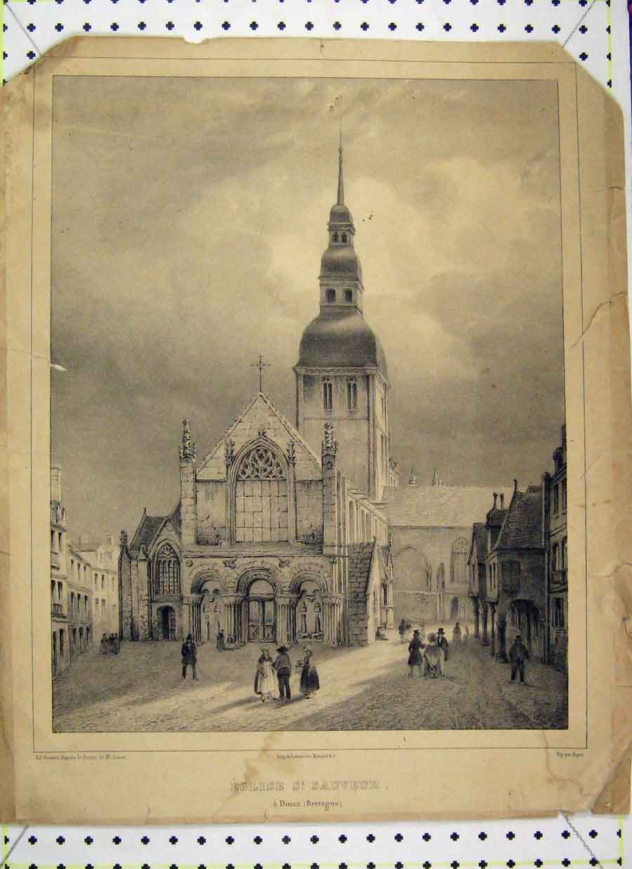 Original Old Antique Print Street Scene Eglise Sauveur Bretagne