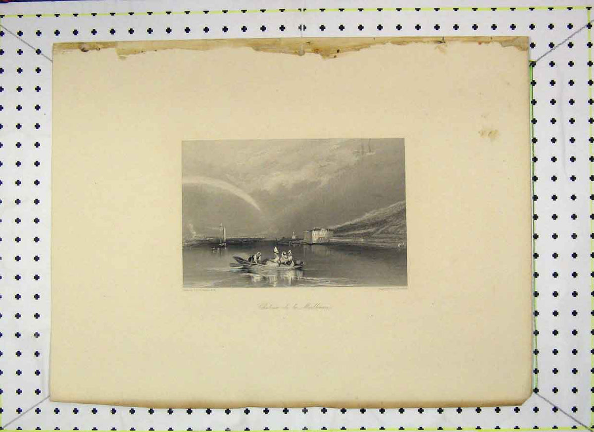Original Old Antique Print Ancient View Chateau Mailleraie River Row Boat