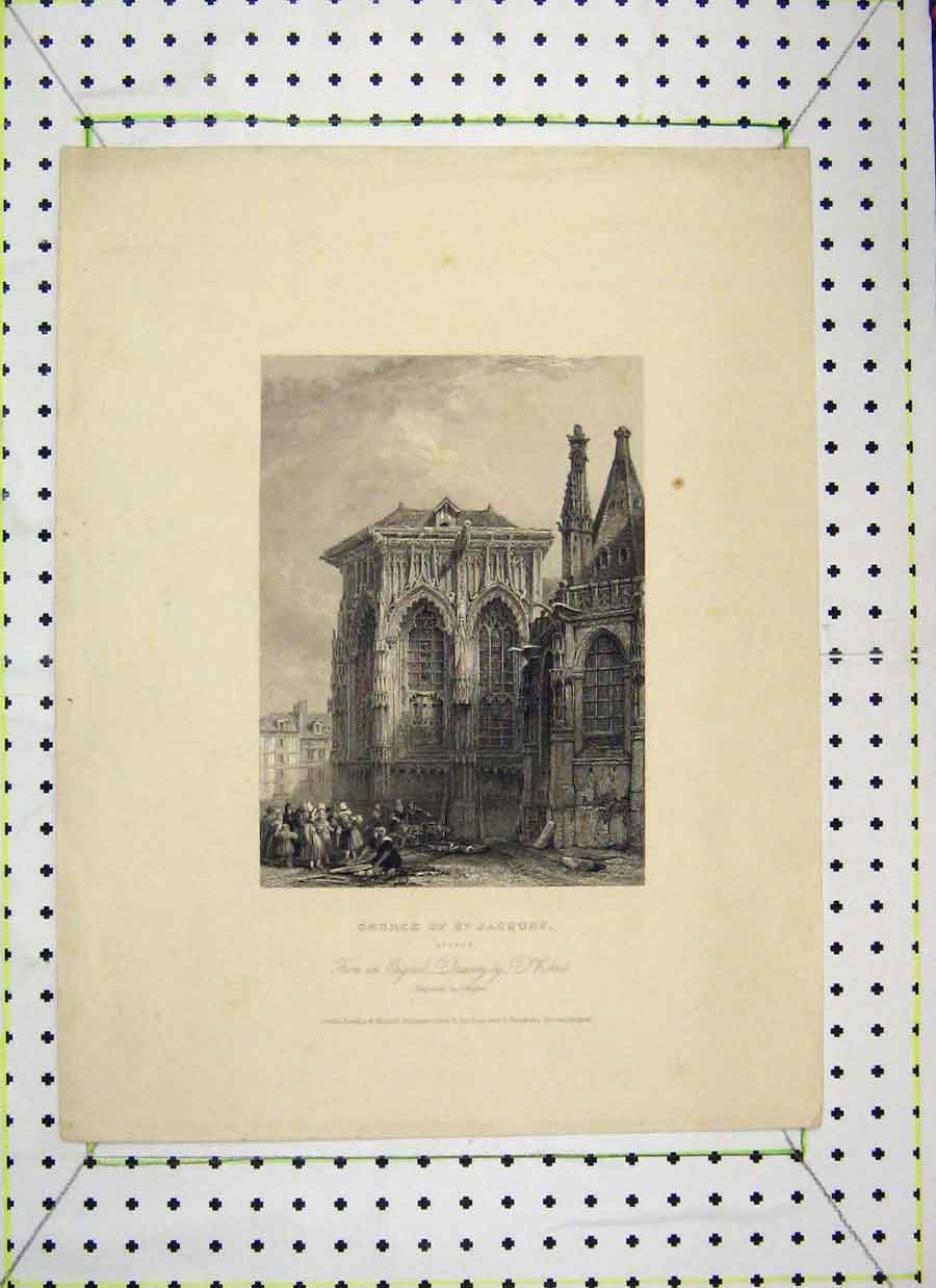 Original Old Antique Print Church St Jaques Dieppe France Higham