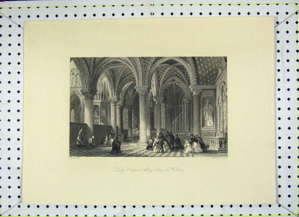 Original Old Antique Print View Lady Chapel Abbey Church St. Dennis