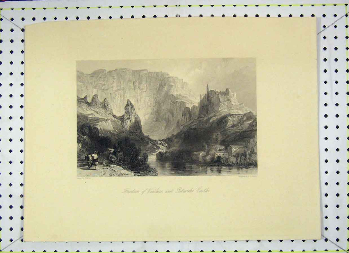 Original Old Antique Print Mountain View Fountain Vaucluse Petrarch'S Castle