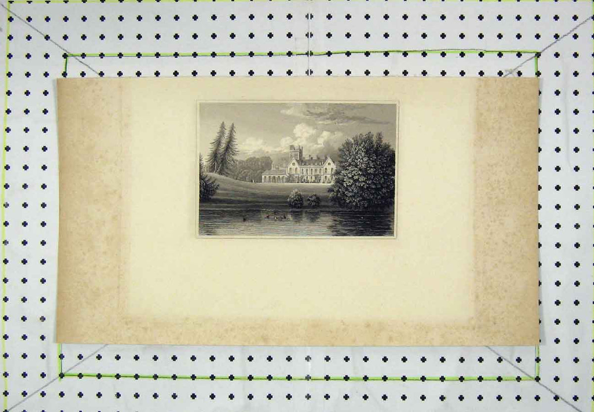 Original Old Antique Print Mansion House Lake Country Scene Trees