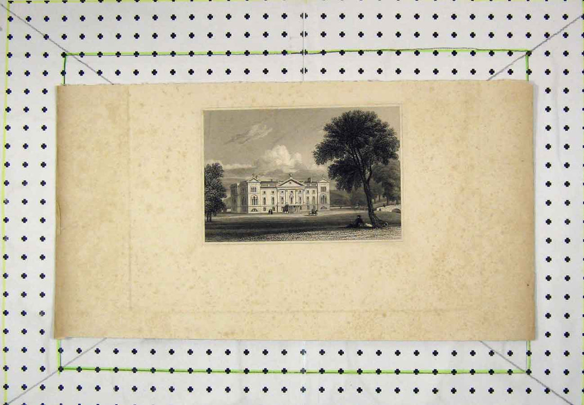 Original Old Antique Print Large Mansion House Country Garden Scene