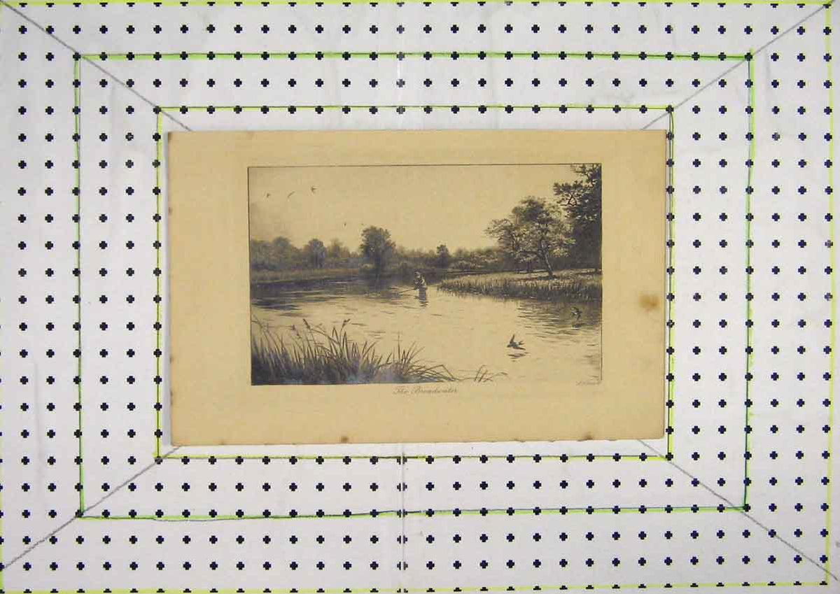 Original Old Antique Print Country Scene Broadwater Man Fishing